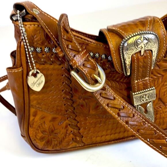 American West Tooled Leather Shoulder Bag Purse A27 - Picture 1 of 15